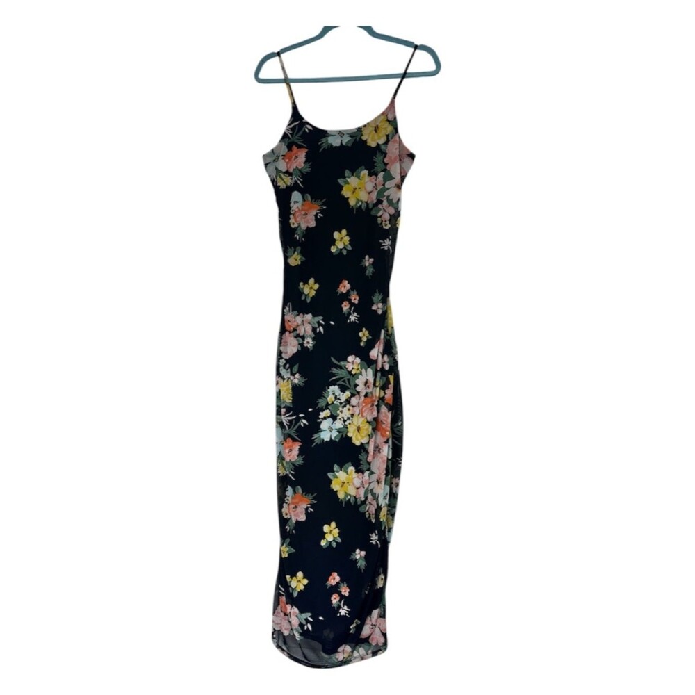 Jolie & Joy Floral Mesh Maxi Dress M Y2K Slip Bodycon Side Slit Lined - Picture 2 of 12